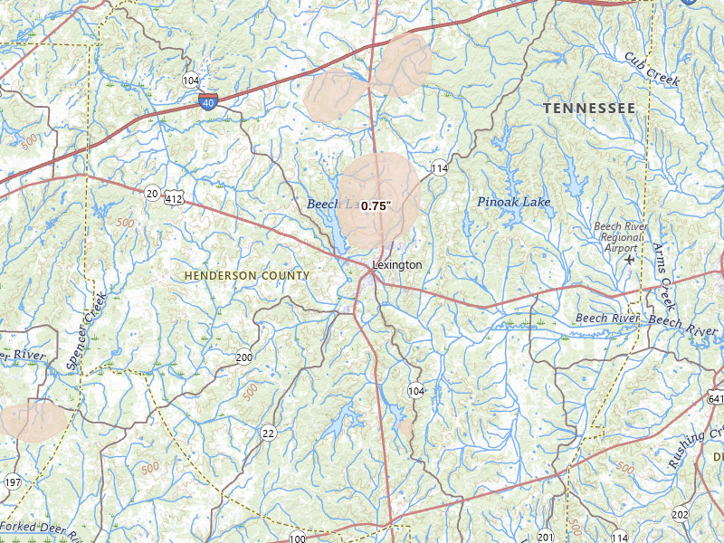 Radar-estimated hail-size map of the storm over Lexington, TN on Jul 5, 2026