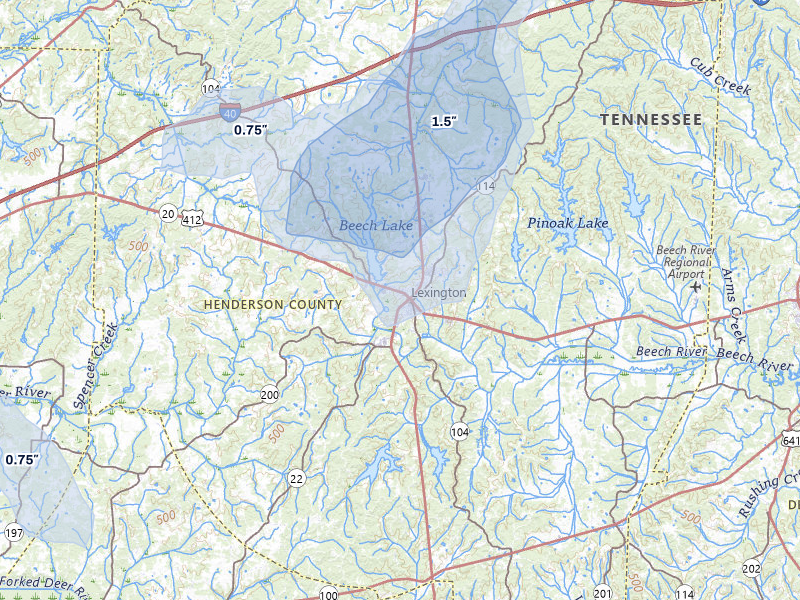 NEXRAD radar-signature map of the hail storm over Lexington, TN on Jul 5, 2026
