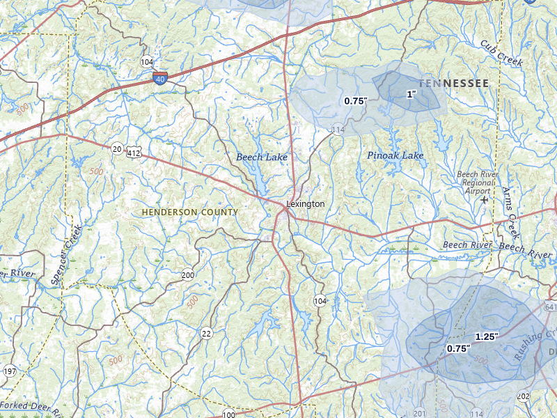 NEXRAD radar-signature map of the hail storm over Lexington, TN on Jul 11, 2026