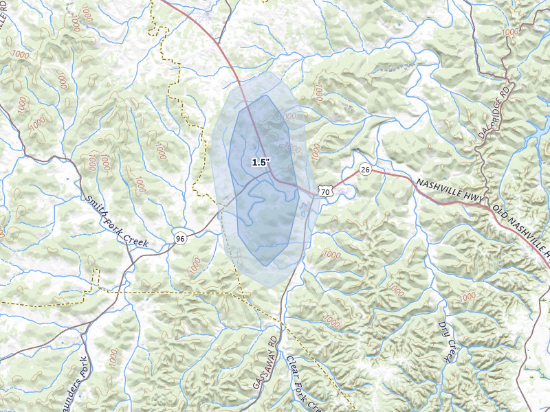 NEXRAD radar-signature map of the hail over Liberty, TN