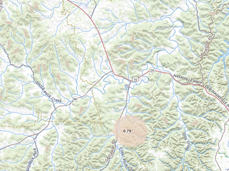 Radar-estimated hail-size map of the storm over Liberty, TN on Jul 5, 2026