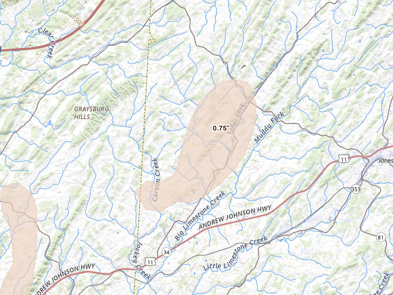 Radar-estimated hail-size map of the storm over Limestone, TN on Jun 29, 2026