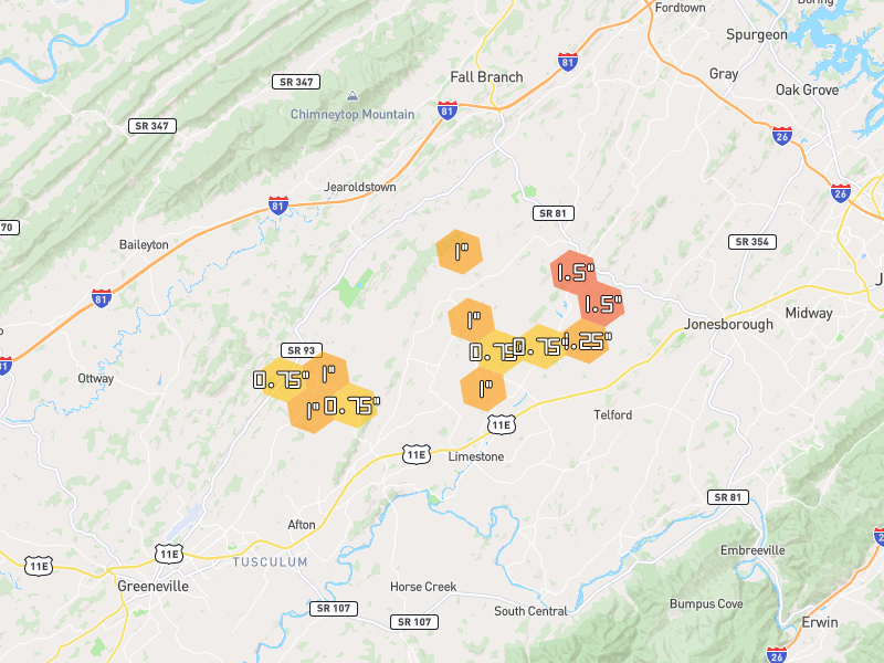 Hail map of Limestone, TN on Jun 30, 2026, hail up to 1.5"
