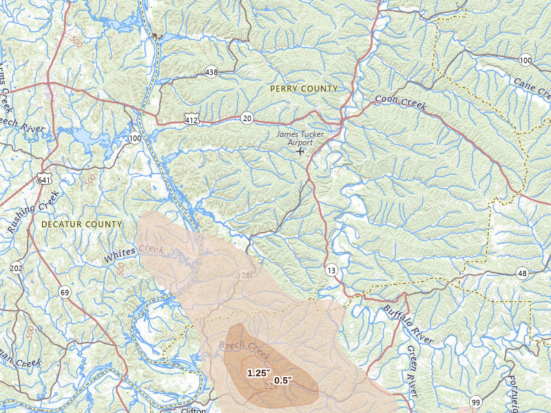 Radar-estimated hail-size map of the storm over Linden, TN on Jun 1, 2026