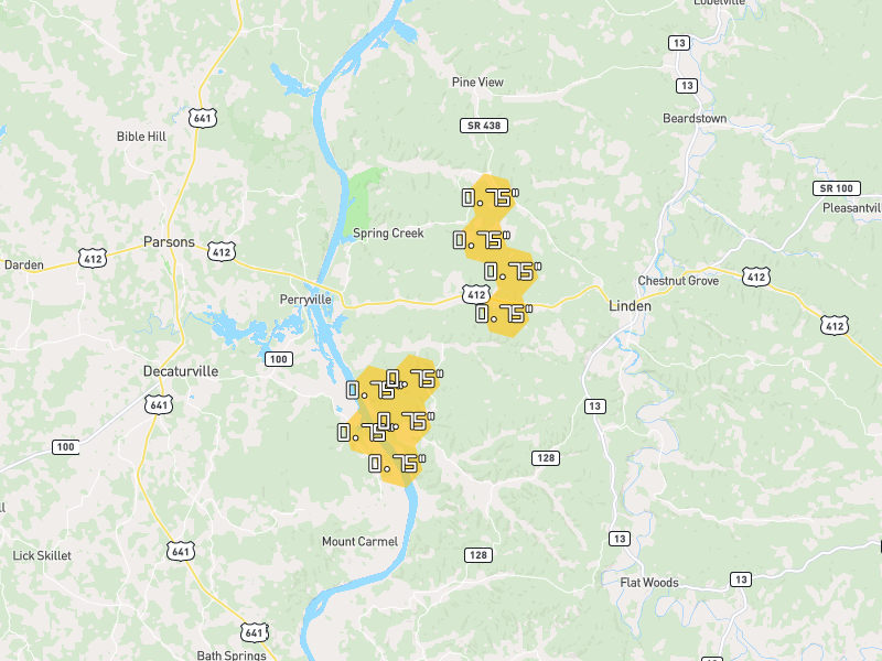 Hail map of Linden, TN on Jul 2, 2026, hail up to 0.75"