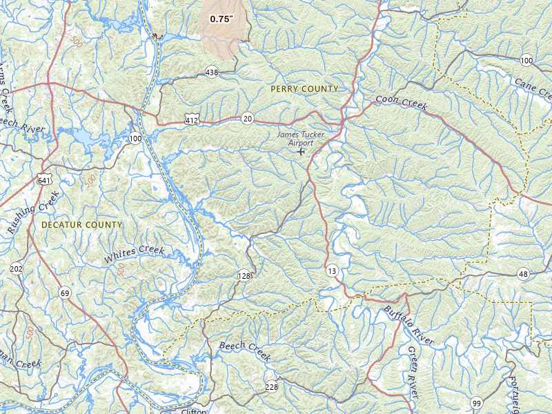 Radar-estimated hail-size map of the storm over Linden, TN on Jul 5, 2026