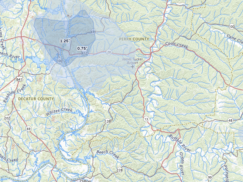 NEXRAD radar-signature map of the hail storm over Linden, TN on Jul 9, 2026