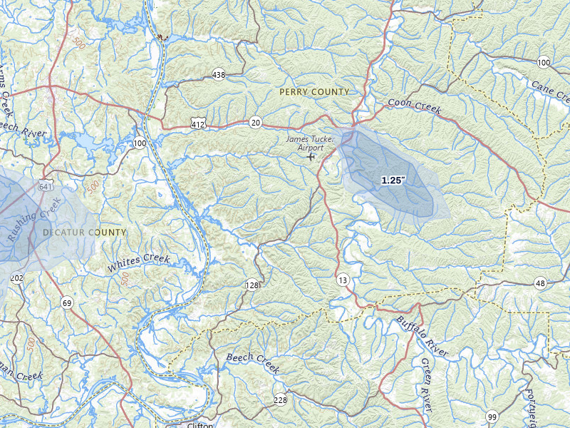 NEXRAD radar-signature map of the hail storm over Linden, TN on Jul 11, 2026