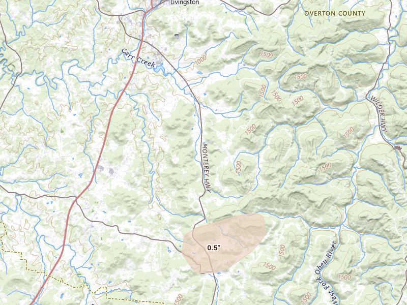 Radar-estimated hail-size map of the storm over Livingston, TN on Jul 11, 2026