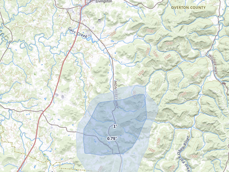 NEXRAD radar-signature map of the hail storm over Livingston, TN on Jul 11, 2026