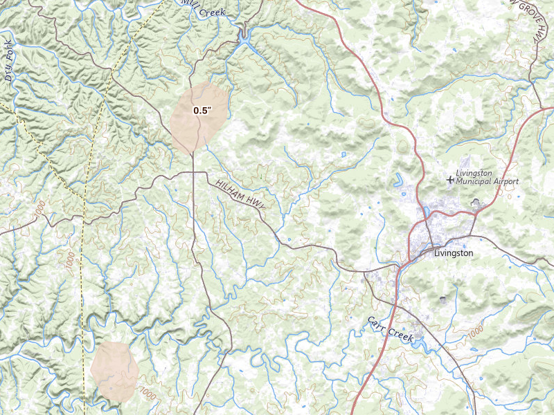 Radar-estimated hail-size map of the storm over Livingston, TN on Aug 6, 2026