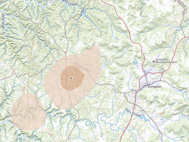 Radar-estimated hail-size map of the storm over Livingston, TN on Aug 7, 2026