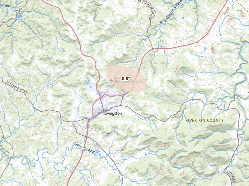 Radar-estimated hail-size map of the storm over Livingston, TN on Aug 20, 2026