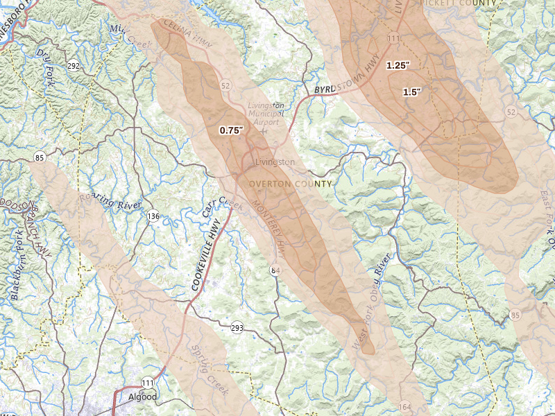 Radar-estimated hail-size map of the storm over Livingston, TN on Aug 22, 2026