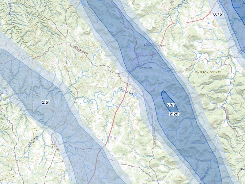 NEXRAD radar-signature map of the hail storm over Livingston, TN on Aug 22, 2026