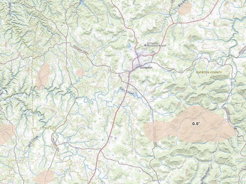 Radar-estimated hail-size map of the storm over Livingston, TN