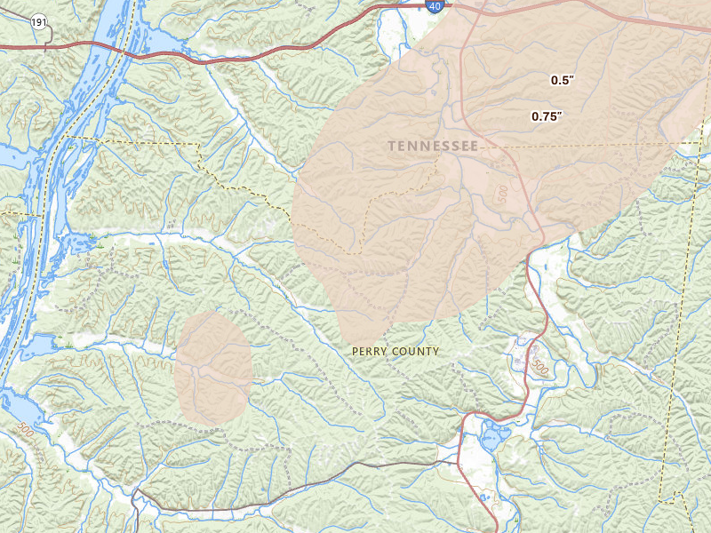 Radar-estimated hail-size map of the storm over Lobelville, TN on Mar 15, 2026