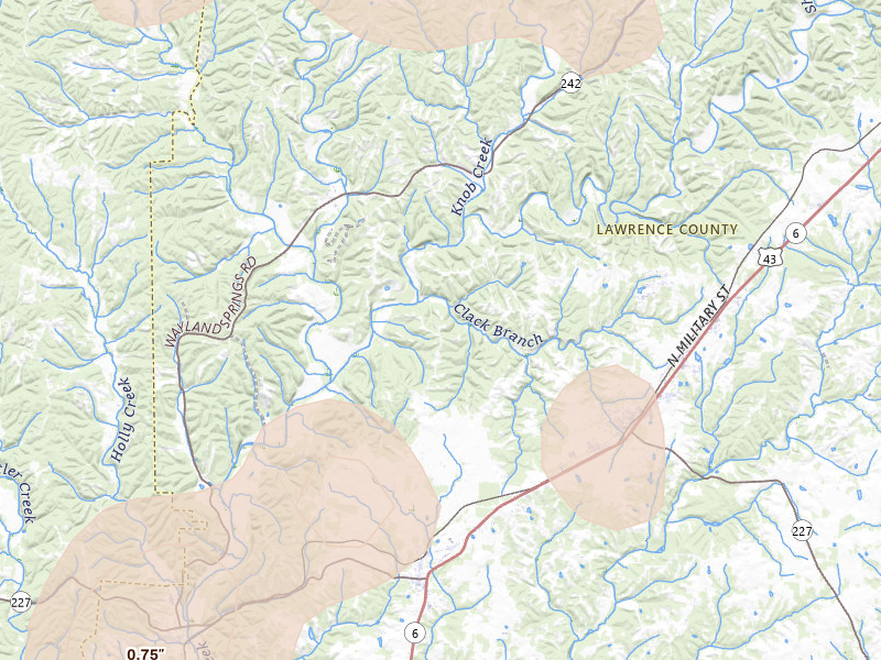 Radar-estimated hail-size map of the storm over Loretto, TN on Jul 3, 2026