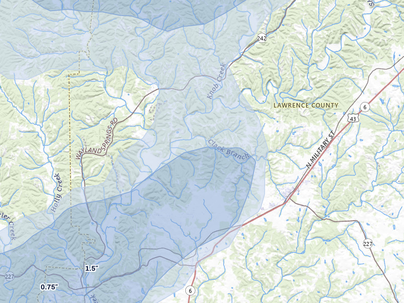 NEXRAD radar-signature map of the hail storm over Loretto, TN on Jul 3, 2026