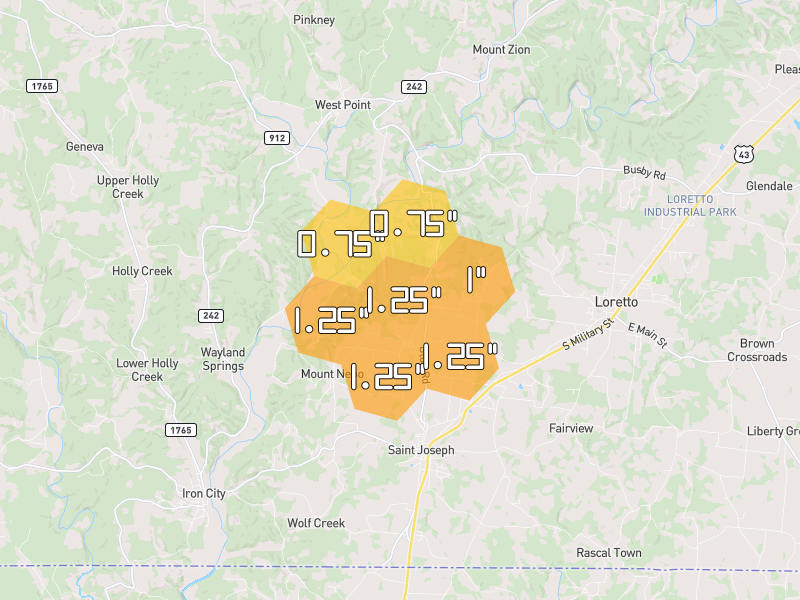 Hail map of Loretto, TN on Jul 3, 2026, hail up to 1.25"