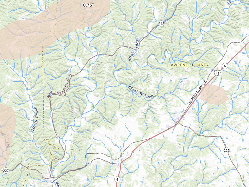 Radar-estimated hail-size map of the storm over Loretto, TN on Jul 5, 2026