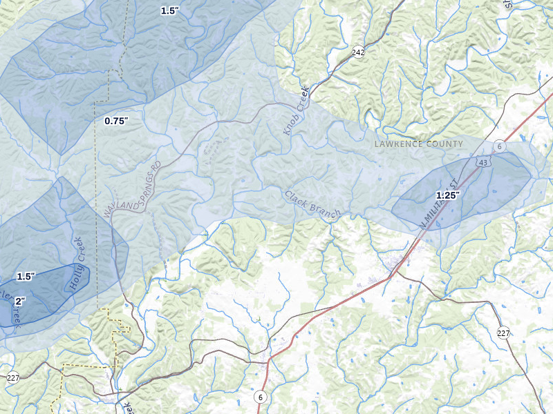 NEXRAD radar-signature map of the hail storm over Loretto, TN on Jul 5, 2026