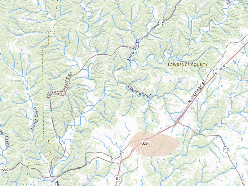 Radar-estimated hail-size map of the storm over Loretto, TN on Jul 11, 2026