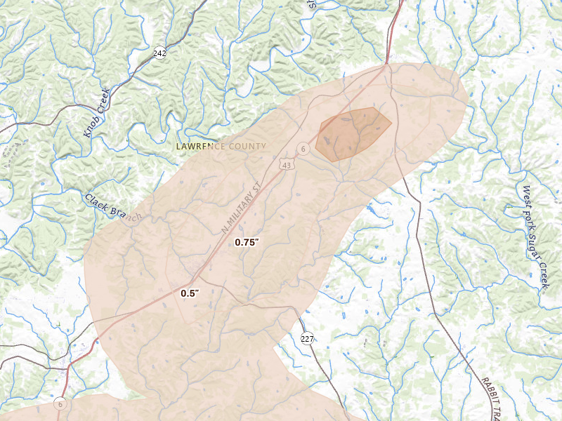 Radar-estimated hail-size map of the storm over Loretto, TN on Aug 20, 2026