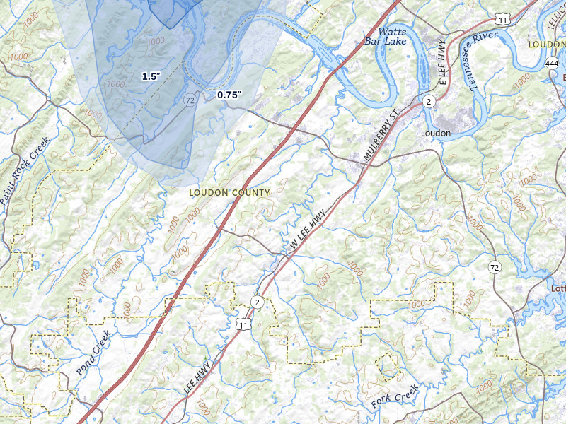 NEXRAD radar-signature map of the hail over Loudon, TN