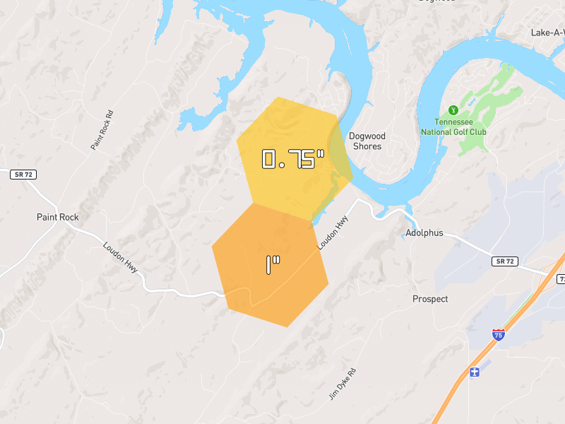 Hail map of Loudon, TN on Jul 3, 2026, hail up to 1"