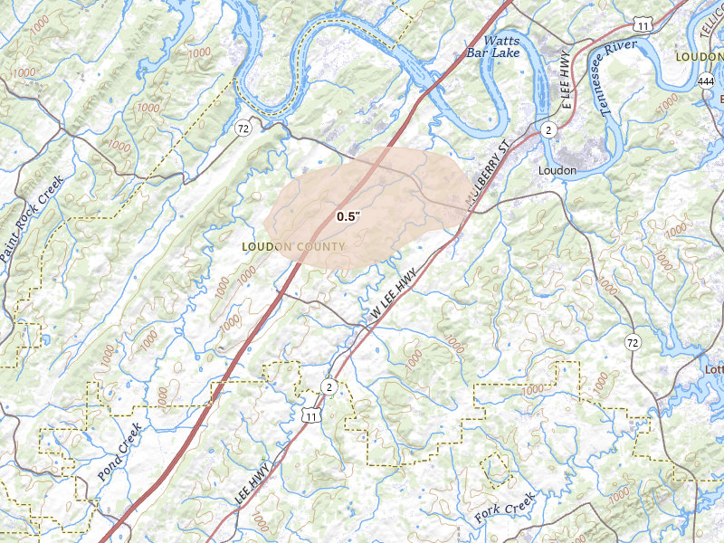 Radar-estimated hail-size map of the storm over Loudon, TN on Aug 17, 2026