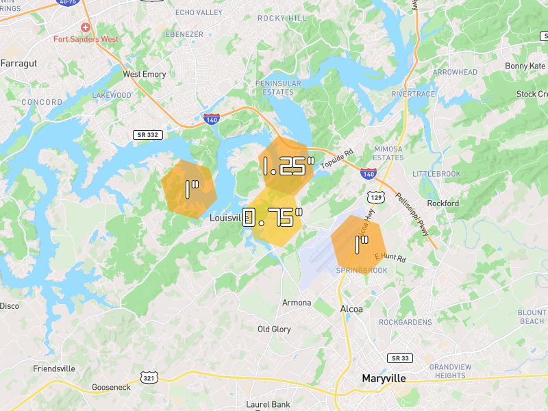 Hail map of Louisville, TN on Jul 28, 2026, hail up to 1.25"