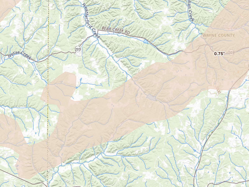 Radar-estimated hail-size map of the storm over Lutts, TN on Mar 15, 2026