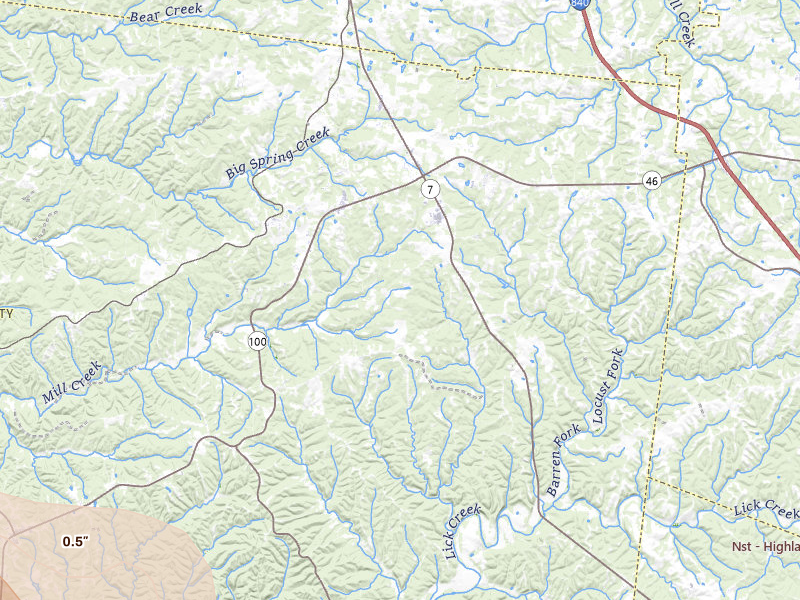 Radar-estimated hail-size map of the storm over Lyles, TN on Jul 2, 2026