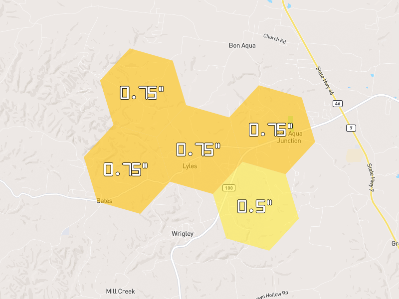 Hail map of Lyles, TN on Jul 2, 2026, hail up to 0.75"