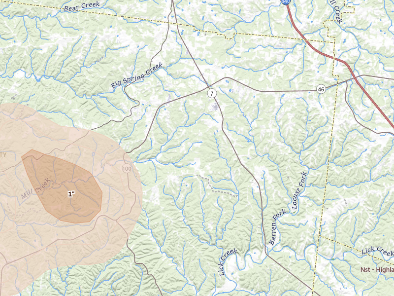Radar-estimated hail-size map of the storm over Lyles, TN on Jul 3, 2026