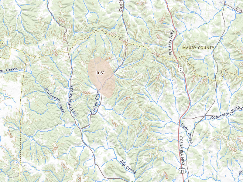 Radar-estimated hail-size map of the storm over Lynnville, TN on Apr 27, 2026