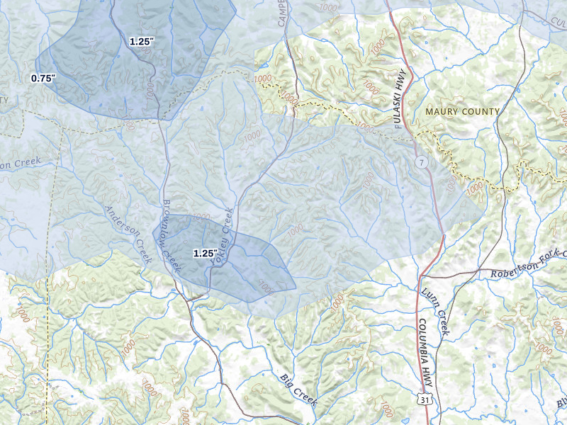 NEXRAD radar-signature map of the hail over Lynnville, TN