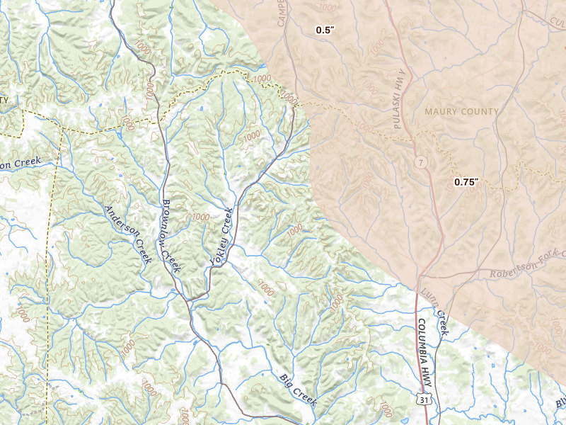 Radar-estimated hail-size map of the storm over Lynnville, TN on Jun 1, 2026