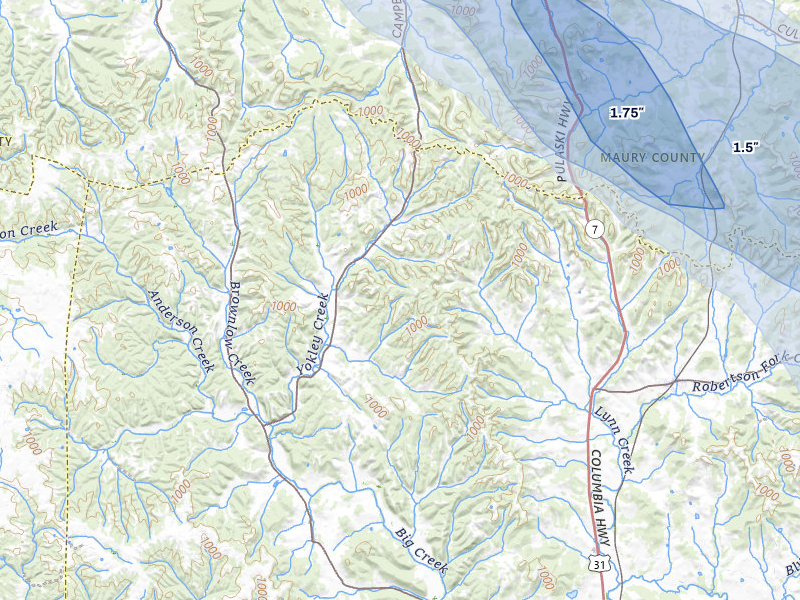 NEXRAD radar-signature map of the hail storm over Lynnville, TN on Jun 1, 2026