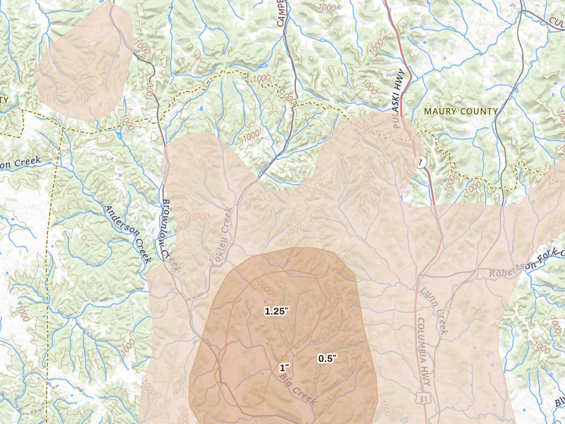 Radar-estimated hail-size map of the storm over Lynnville, TN on Jul 3, 2026