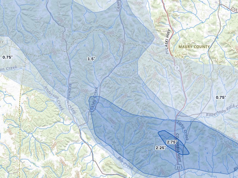 NEXRAD radar-signature map of the hail storm over Lynnville, TN on Jul 3, 2026