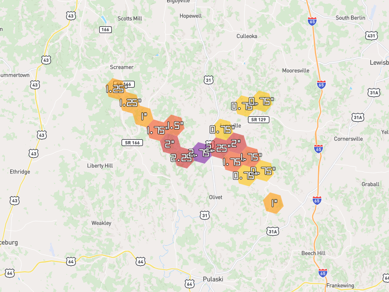 Hail map of Lynnville, TN on Jul 3, 2026, hail up to 2.75"