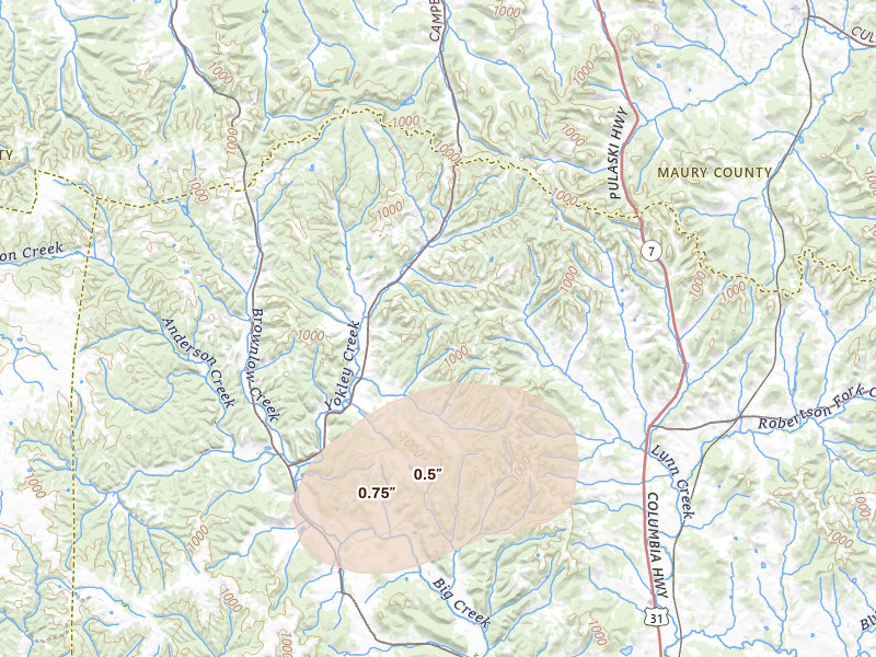 Radar-estimated hail-size map of the storm over Lynnville, TN on Jul 11, 2026