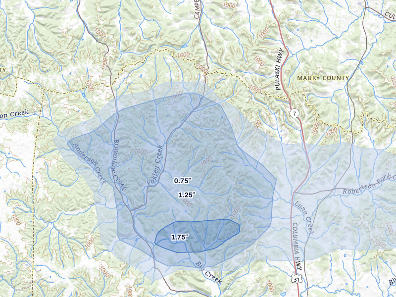 NEXRAD radar-signature map of the hail storm over Lynnville, TN on Jul 11, 2026