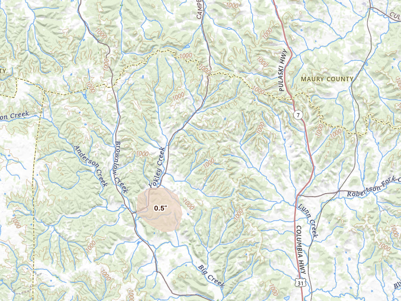 Radar-estimated hail-size map of the storm over Lynnville, TN on Jul 19, 2026