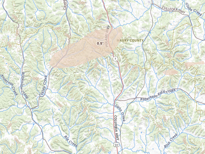 Radar-estimated hail-size map of the storm over Lynnville, TN on Aug 20, 2026