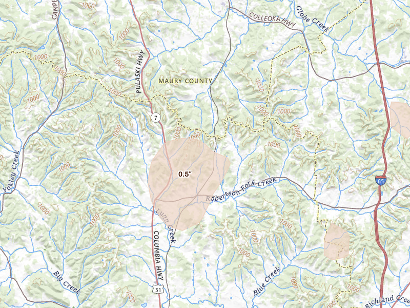 Radar-estimated hail-size map of the storm over Lynnville, TN