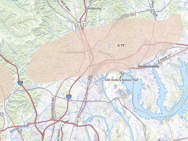 Radar-estimated hail-size map of the storm over Madison, TN on Mar 11, 2026