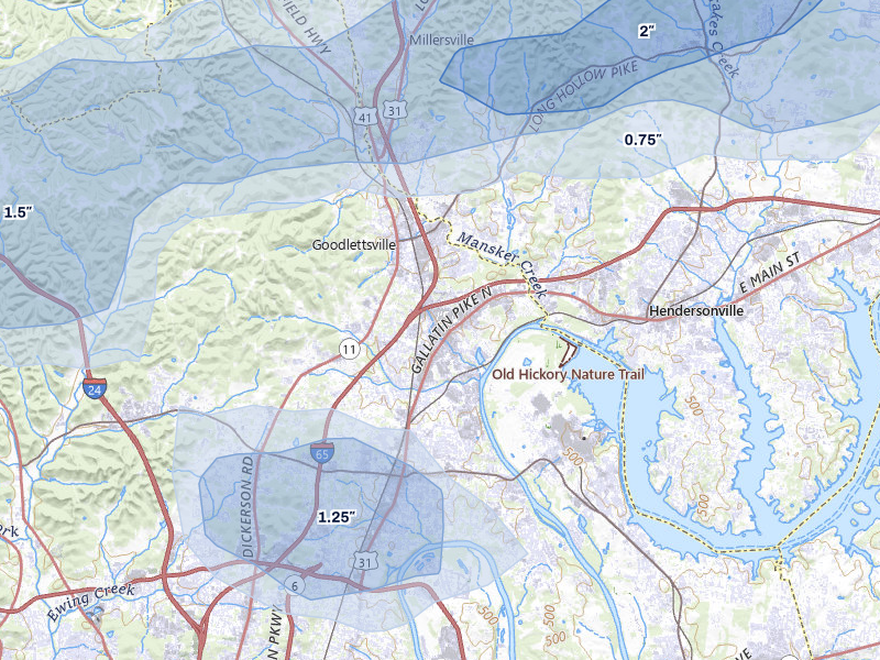 NEXRAD radar-signature map of the hail storm over Madison, TN on Apr 27, 2026